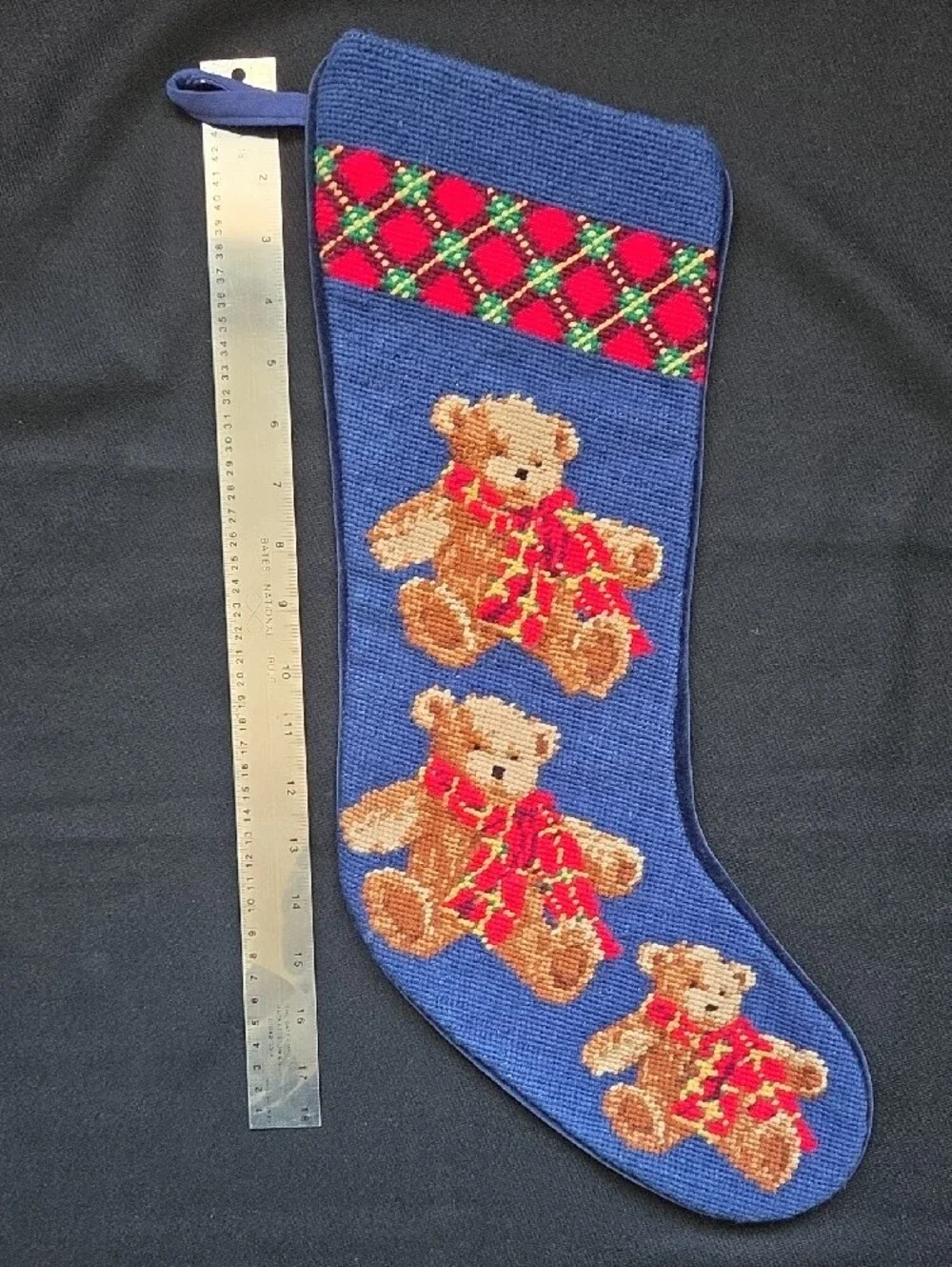Teddy Bear Christmas Stocking with Red Plaid Accent